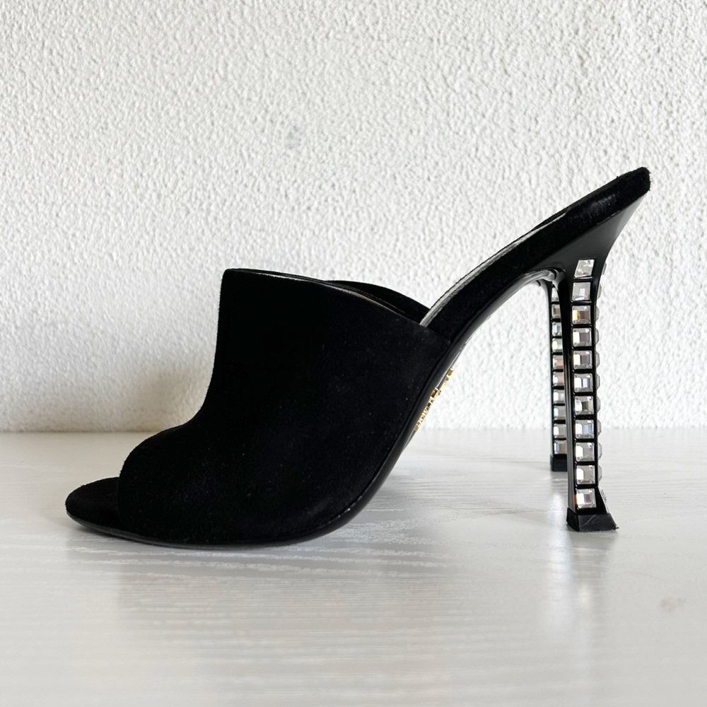 Prada Black Suede Crystal Heel Mules Sandals Size EU 38 Statement Heels